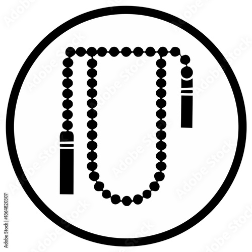 Simple black and white circle icon with Islamic prayer beads symbol for Muslim faith and spirituality