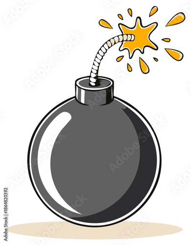 Cartoon Bomb with Lit Fuse Symbolizing Danger and Coming Explosion in Graphic Design Style