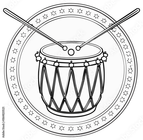 Line art vector icon of a traditional drum with sticks in a decorative circular star frame