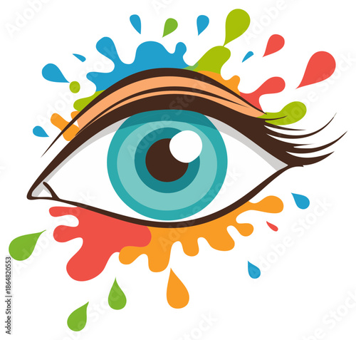 A stylized illustration of a human eye with vibrant colorful paint splashes representing creativity and vision