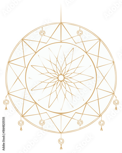 Ornate Golden Dreamcatcher with Geometric Patterns and Dangling Embellishments