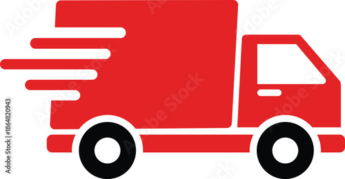 Red delivery truck with motion lines and black wheels transportation vehicle
