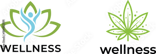 Wellness logo design, lotus yoga symbol, human figure icon, green leaf branding, natural health, holistic lifestyle, spa meditation balance, concept