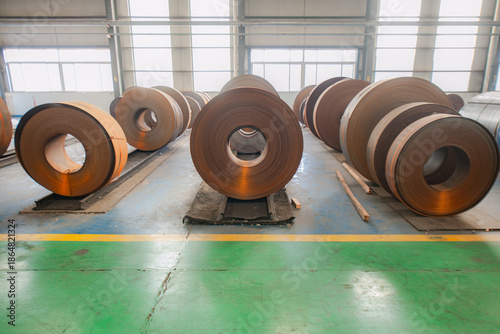 Close up of hot-rolled steel coils and strips, metal sheet industry