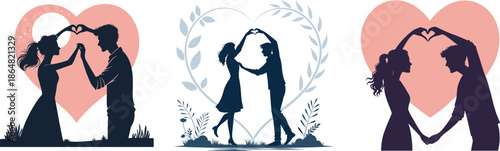 Silhouettes of couple holding hands forming heart shape romantic background with full moon and stars