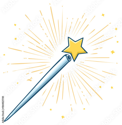 Magic wand with a yellow star and sparks. Simple cartoon vector illustration of a magical spell.