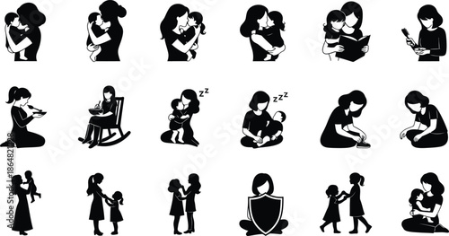 Collection of black silhouettes of women in various poses and outfits