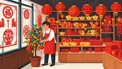 Man Arranging Festive Decorations in a Store for Chinese New Year Celebration A Scene of Traditional Lunar New Year Preparations and Shopping