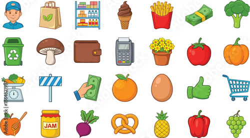 Shopping and healthy lifestyle flat icon set, grocery food, money payment, eco habits, nutrition, retail wellness illustration design