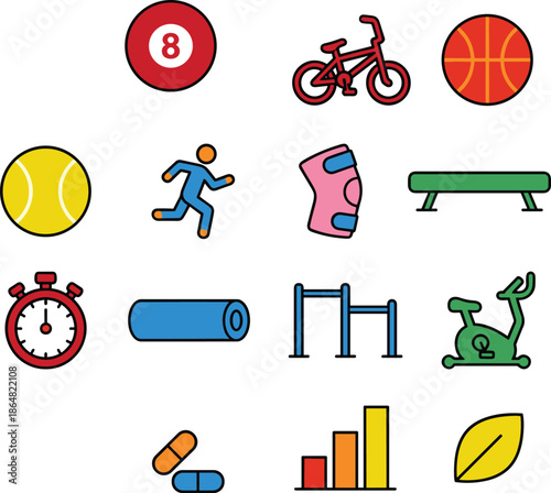 Sports fitness flat icon set, exercise equipment, running, cycling, gym training, healthy lifestyle, performance tracking illustration vector design icons colorful