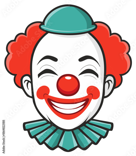 Happy Circus Clown Head with Red Nose and Smile in Costume Isolated on White