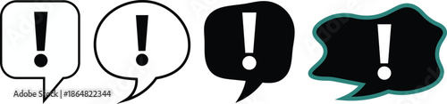 Four speech bubbles with exclamation marks in different colors and styles black white