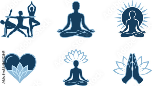 Yoga and meditation icon set, mindfulness practice, wellness balance, lotus symbols, self care, spiritual harmony illustration design