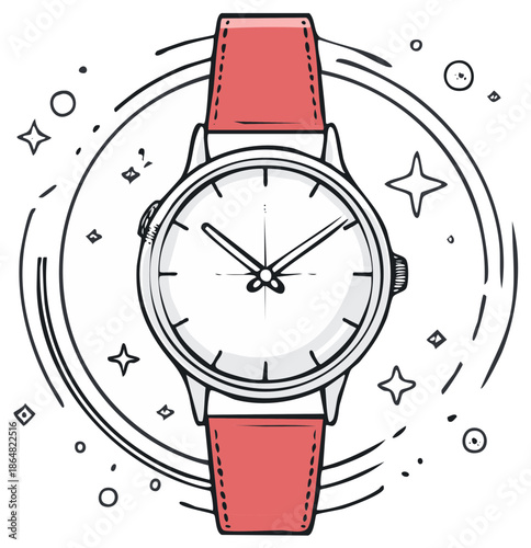Doodle Style Wristwatch with Red Strap and Starbursts