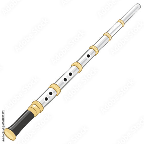 Detailed illustration of a traditional wind instrument with a silver body and gold trim for musical performance.