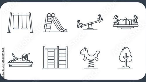 A collection of line art illustrations depicting various playground equipment and outdoor recreational items.
