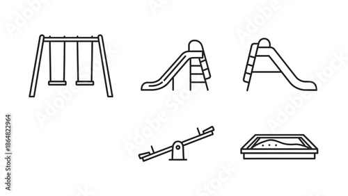 A collection of line art illustrations depicting various playground equipment, including swings, slides, a seesaw, and a sandbox.