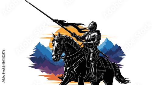 A medieval knight in full armor rides a black horse holding a lance with a black flag.