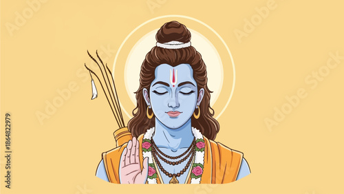 A serene illustration of Lord Rama, a Hindu deity, with his eyes closed and a blessing gesture, holding a quiver of arrows.