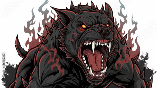 Aggressive monstrous black dog illustration with glowing eyes and sharp teeth surrounded by dark smoke and red flames.