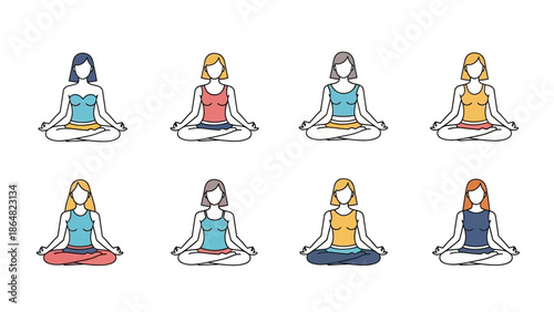 Eight diverse women meditating in lotus pose, illustrating mindfulness and yoga practice with various hair and clothing colors.
