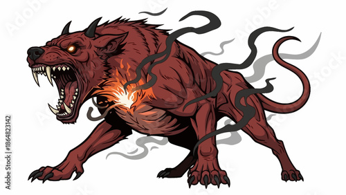 A fierce red demonic beast with glowing eyes and fiery chest, emitting dark smoke.