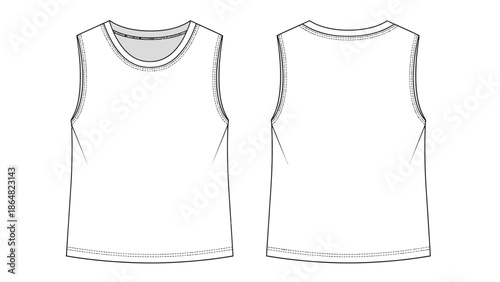 Front and back view of a blank white sleeveless t-shirt flat sketch for fashion design.