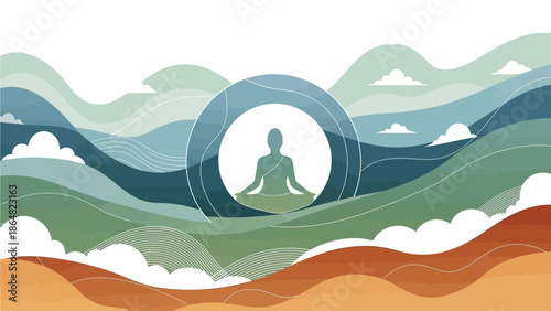 A serene illustration of a meditating figure in a lotus pose, surrounded by abstract, wavy natural landscapes in calming blue, green, and earthy tones.