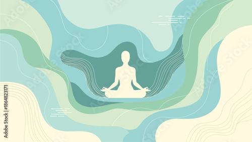Abstract illustration of a person meditating in a lotus position, surrounded by flowing, wavy shapes in serene blue, green, and cream tones, symbolizing peace and mindfulness.
