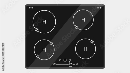 A top-down view of a modern black induction cooktop with four cooking zones and touch controls.