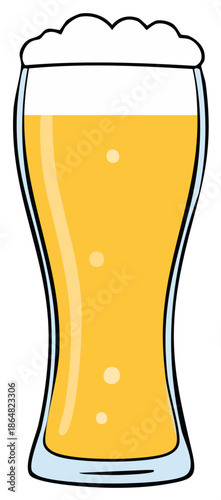 Cartoon illustration of a tall glass of golden beer with a frothy head