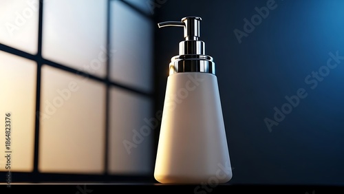 white soap dispenser bottle with silver pump on countertop near window