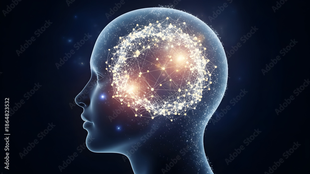 Obraz premium Birth of an Idea and Early Thought Formation Visualized Through a Glowing Network Emerging Inside a Human Mind Silhouette