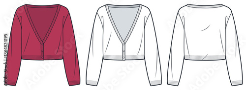 Women Cropped Cardigan Technical Fashion Illustration. Sweater Cardigan fashion flat technical drawing template, buttons, front and back view, white, burgundy color, women CAD mockup set.