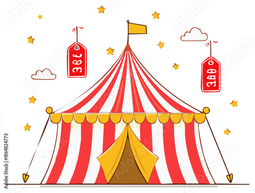Classic Big Top Circus Tent with Red Stripes and Sale Tags Adorned with Stars