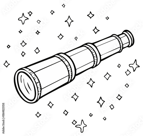 Black and white cartoon spyglass surrounded by sparkling stars for adventure and discovery