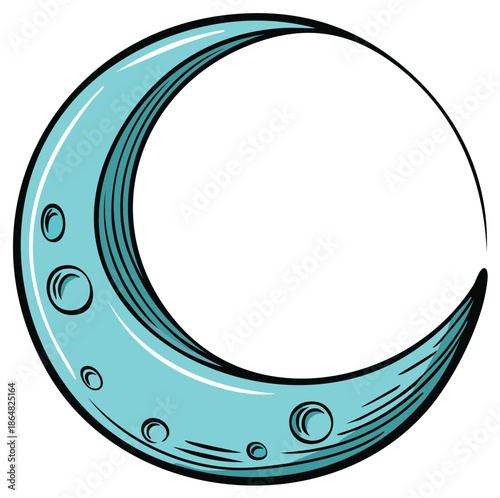 Stylized crescent moon with craters and a bright glow against a dark background