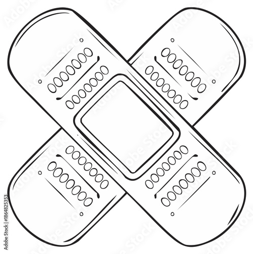 Crossed adhesive bandages illustration, wound care protection, first aid remedy for injuries, medical supplies drawing isolated.