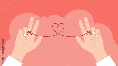 Hands forming a heart shape with red string against a pink background illustration