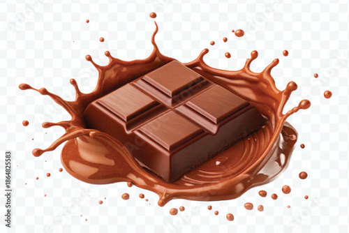 realistic 3d dark chocolate bar with chocolate cream splash in different style isolated on transparent background