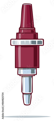 Stylized depiction of a red industrial nozzle assembly with chrome hardware, isolated component art, equipment