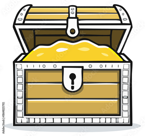 Vintage open wooden treasure chest full of gold riches cartoon illustration