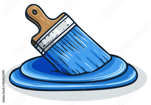 Illustration of blue paint puddle with a wooden handled paintbrush dipped inside it