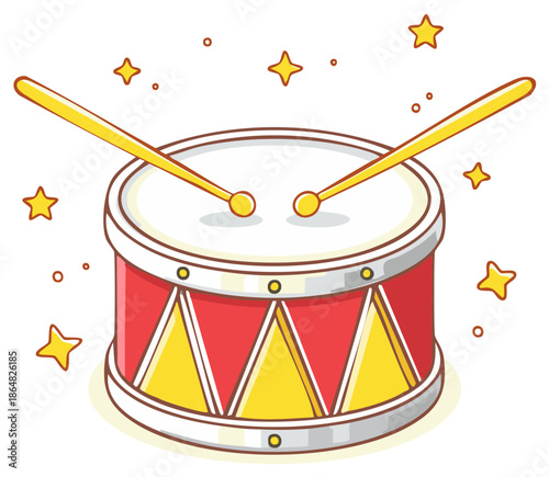 Cartoon drum with drumsticks and star decorations