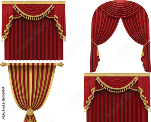 Set of red and gold theatrical curtains with ornate trim