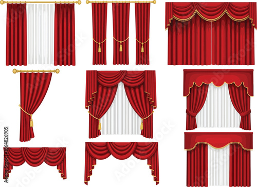 Collection of elegant red stage curtains and draperies