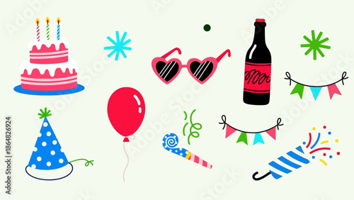 A colorful illustration of party accessories including cake, sunglasses, and decorations viewed from directly above on a flat surface