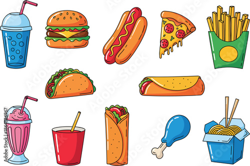 Assortment of popular fast food items and drinks