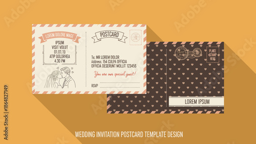 A wedding invitation postcard template design with elegant patterns and classic typography displayed on a warm background