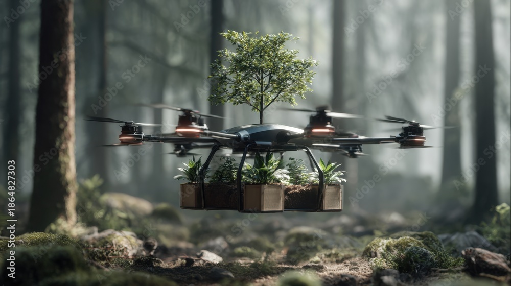 Naklejka premium Drone transporting a tree and plants through a misty forest environment